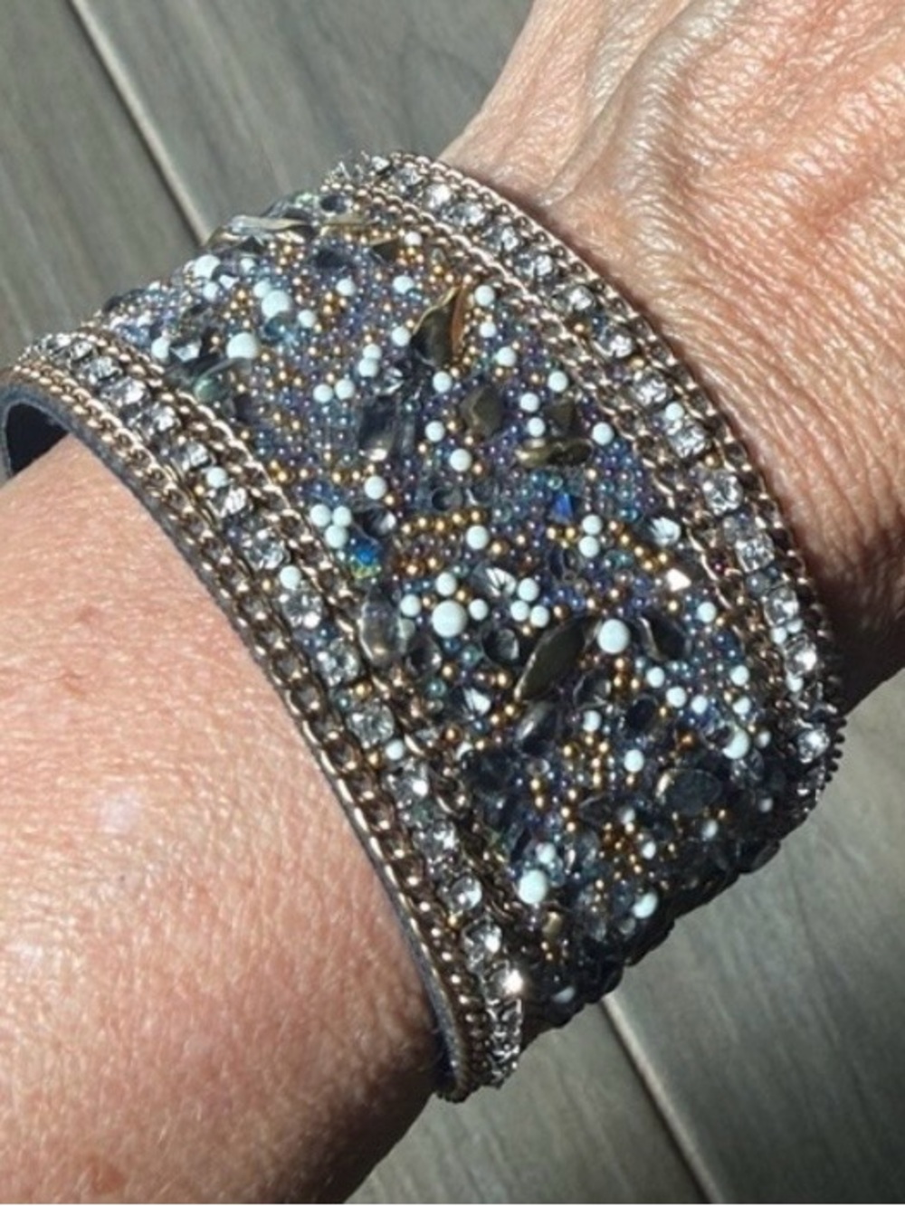 Embellished Gold and Black Beaded Cuff Bracelet - magnetic clasp